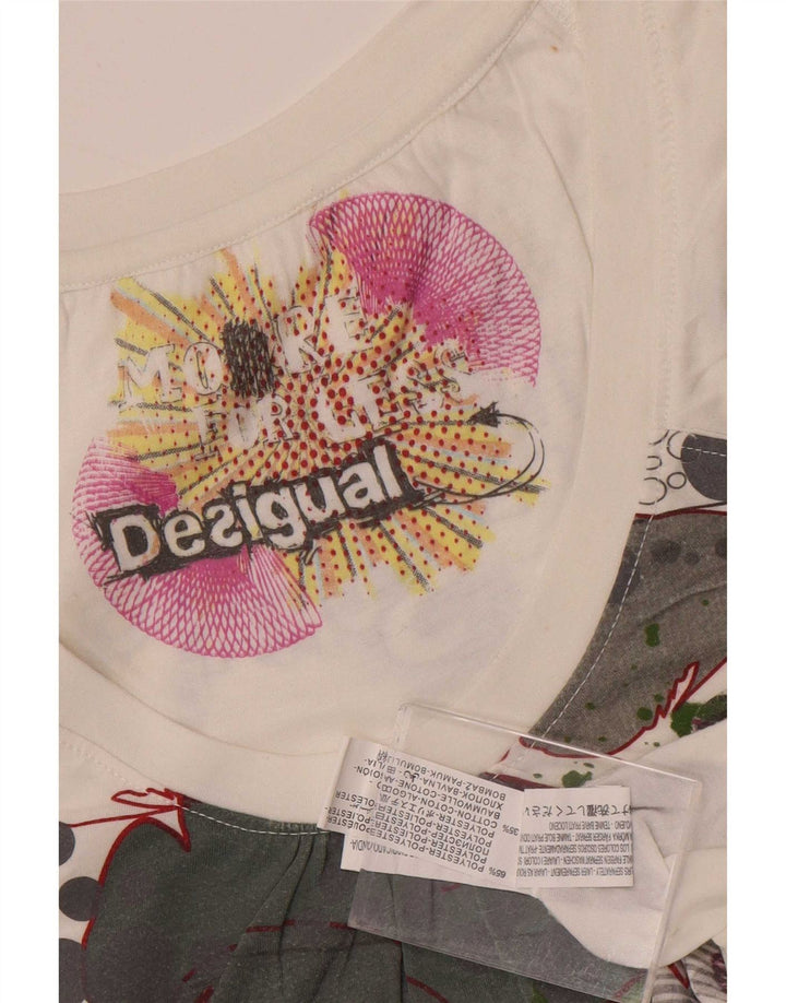 Desigual Femme Graphic T-Shirt Top UK 12 Medium Blanc Polyester