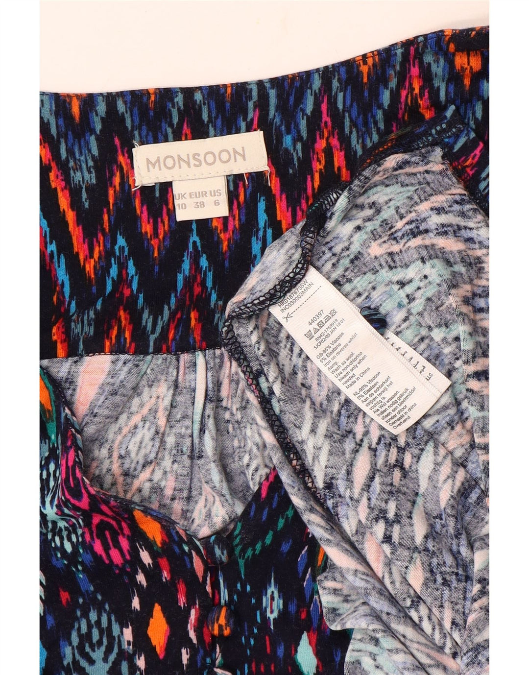MONSOON Haut chemisier à manches 3/4 pour femme UK 10 Petit Ikat multicolore