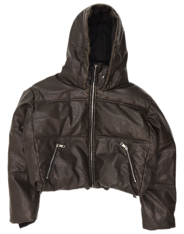 Zara Veste matelassée surdimensionnée à capuche en simili cuir pour femme UK 14 Noir moyen