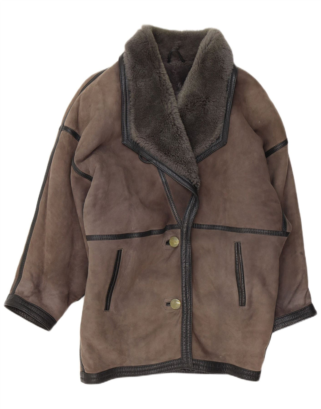 vintage Womens Oversize Shearling Coat UK 20 2XL Cuir Gris
