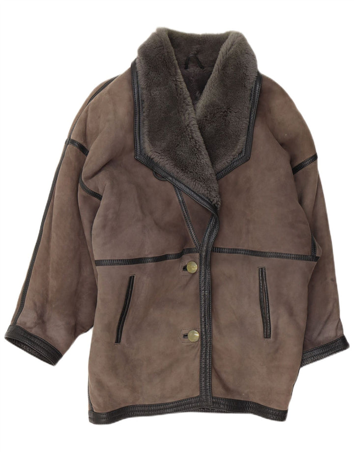vintage Womens Oversize Shearling Coat UK 20 2XL Cuir Gris