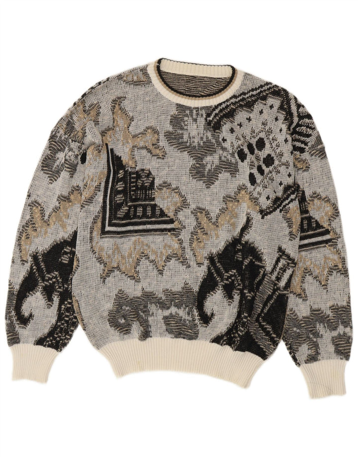 vintage Mens Crew Neck Jumper Pull Moyen Gris Géométrique Coton