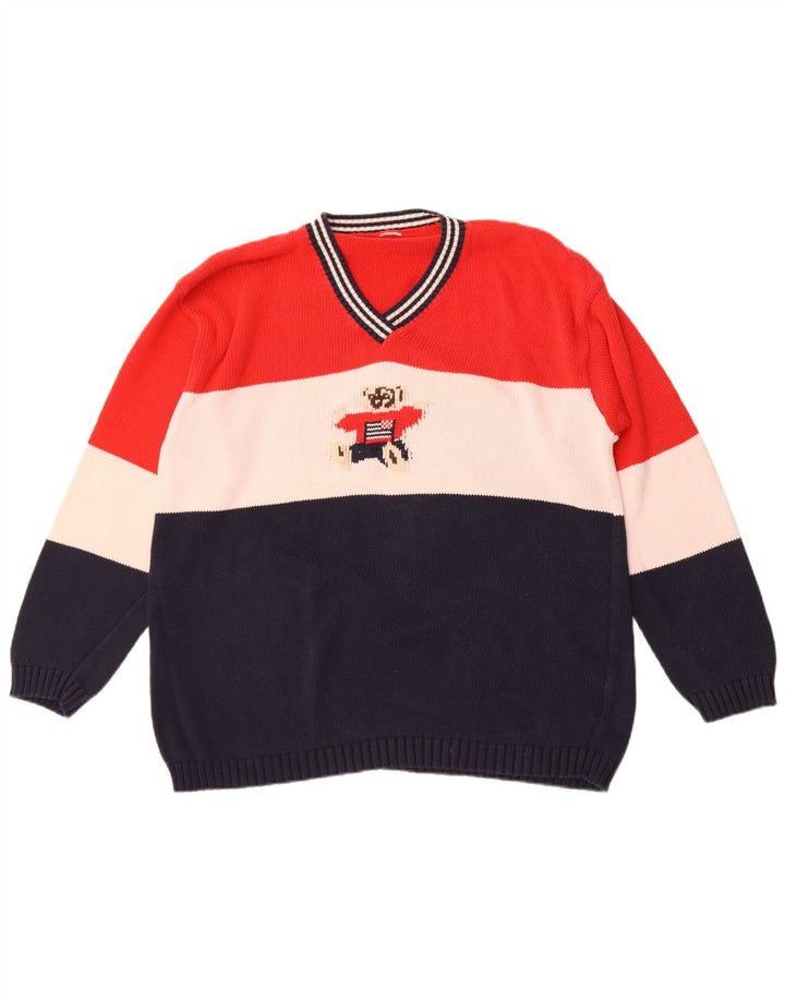 vintage Mens Graphic V-Neck Jumper Pull Grand Multicolore Colorblock