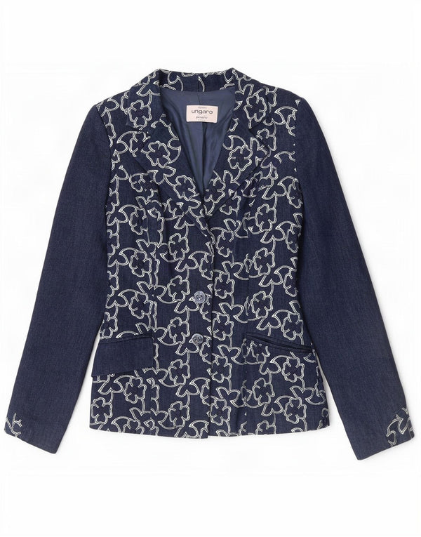Ungaro Veste Blazer 2 Boutons pour Femme UK 8 Petit Bleu Marine Floral