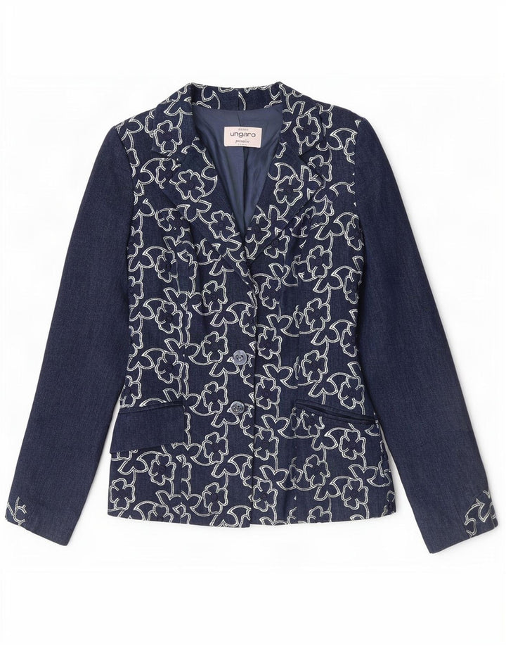 Ungaro Veste Blazer 2 Boutons pour Femme UK 8 Petit Bleu Marine Floral