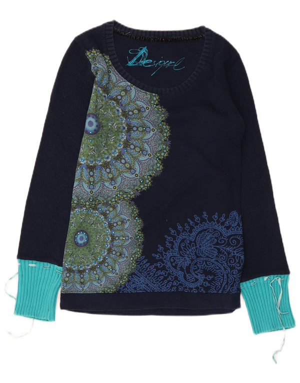 Desigual Haut graphique à manches longues pour femme UK 10 Petit coton floral bleu marine