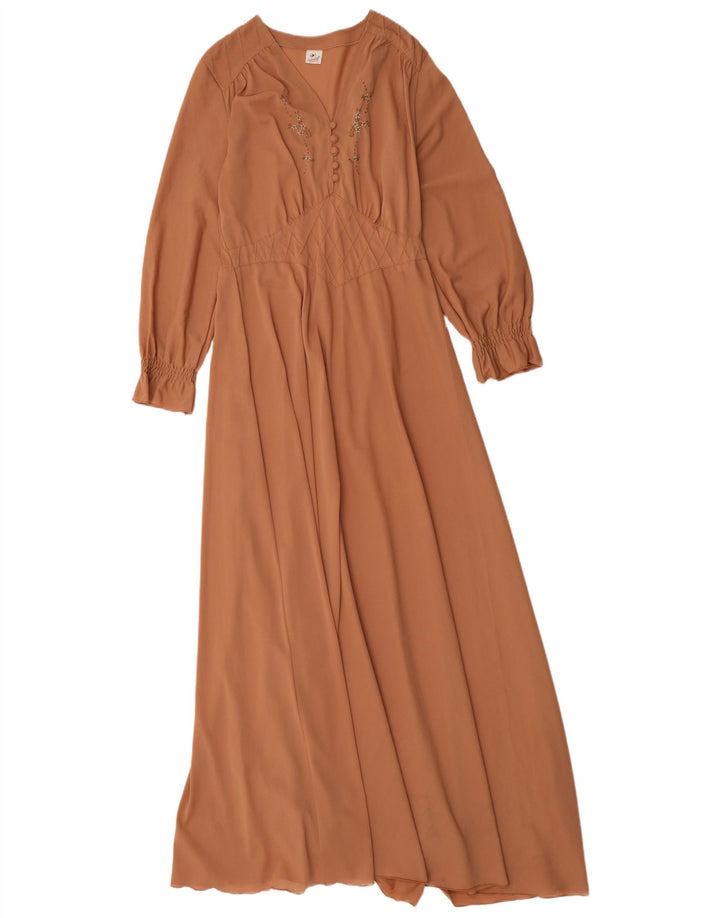 vintage Femme Maxi Robe UK 12 Brun Moyen