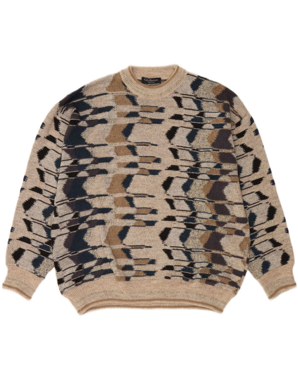 gio ferrari Pull col rond pour homme XL en laine mérinos géométrique beige