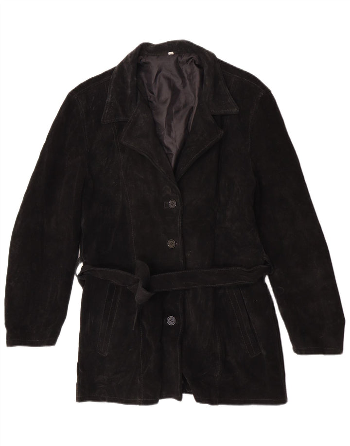 vintage Femmes 4 Bouton Veste en cuir suédé UK 6 XS Cuir Noir
