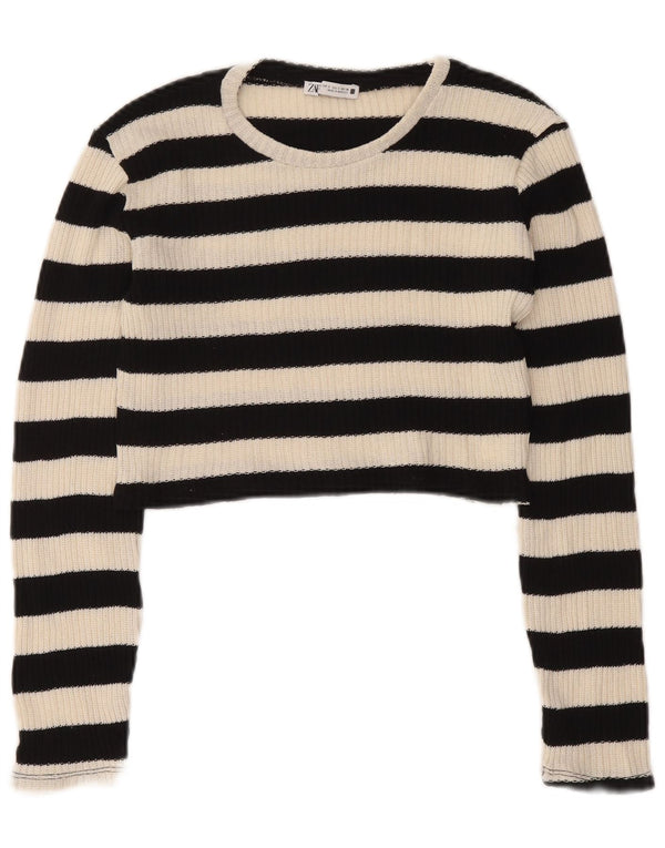 Zara Womens Crop Boat Neck Jumper Sweater UK 10 Petit Noir Rayé