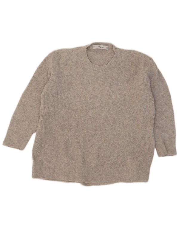 Zara Pull surdimensionné à manches 3/4 et col rond pour femme UK 10 Petit Gris