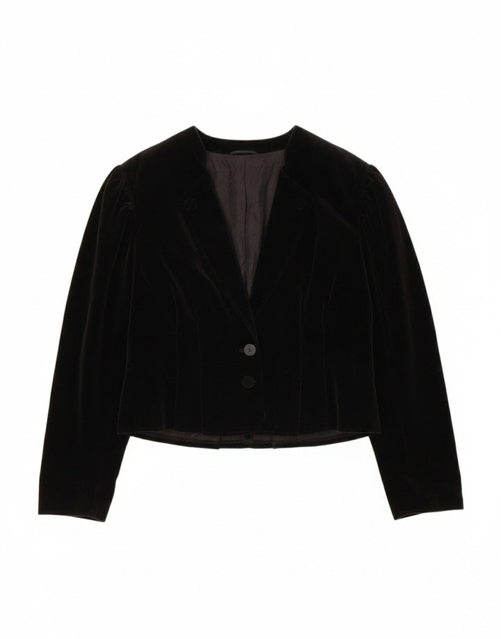 VINTAGE Womens Crop 2 Button Blazer Jacket EU 42 Large Black Cotton