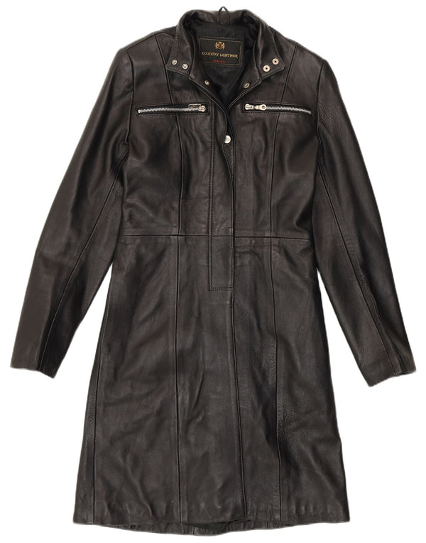 VINTAGE Manteau en cuir femme UK 8 Petit cuir noir