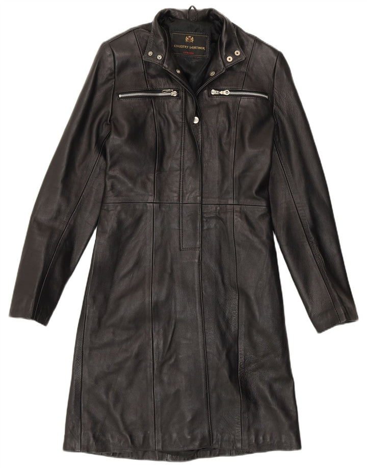 VINTAGE Manteau en cuir femme UK 8 Petit cuir noir