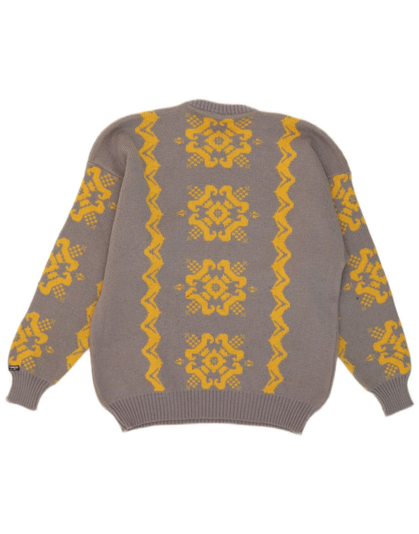 vintage Mens Crew Neck Jumper Pull IT 54 XL Gris Fair Isle Laine
