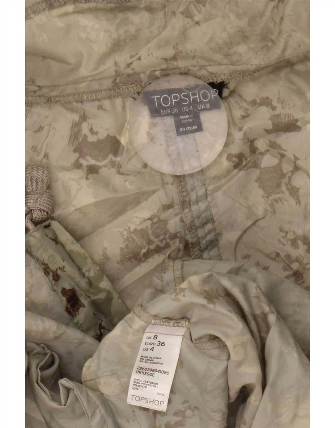 Topshop Veste Parka À Capuche Femme UK 8 Petit Vert Camouflage Polyester