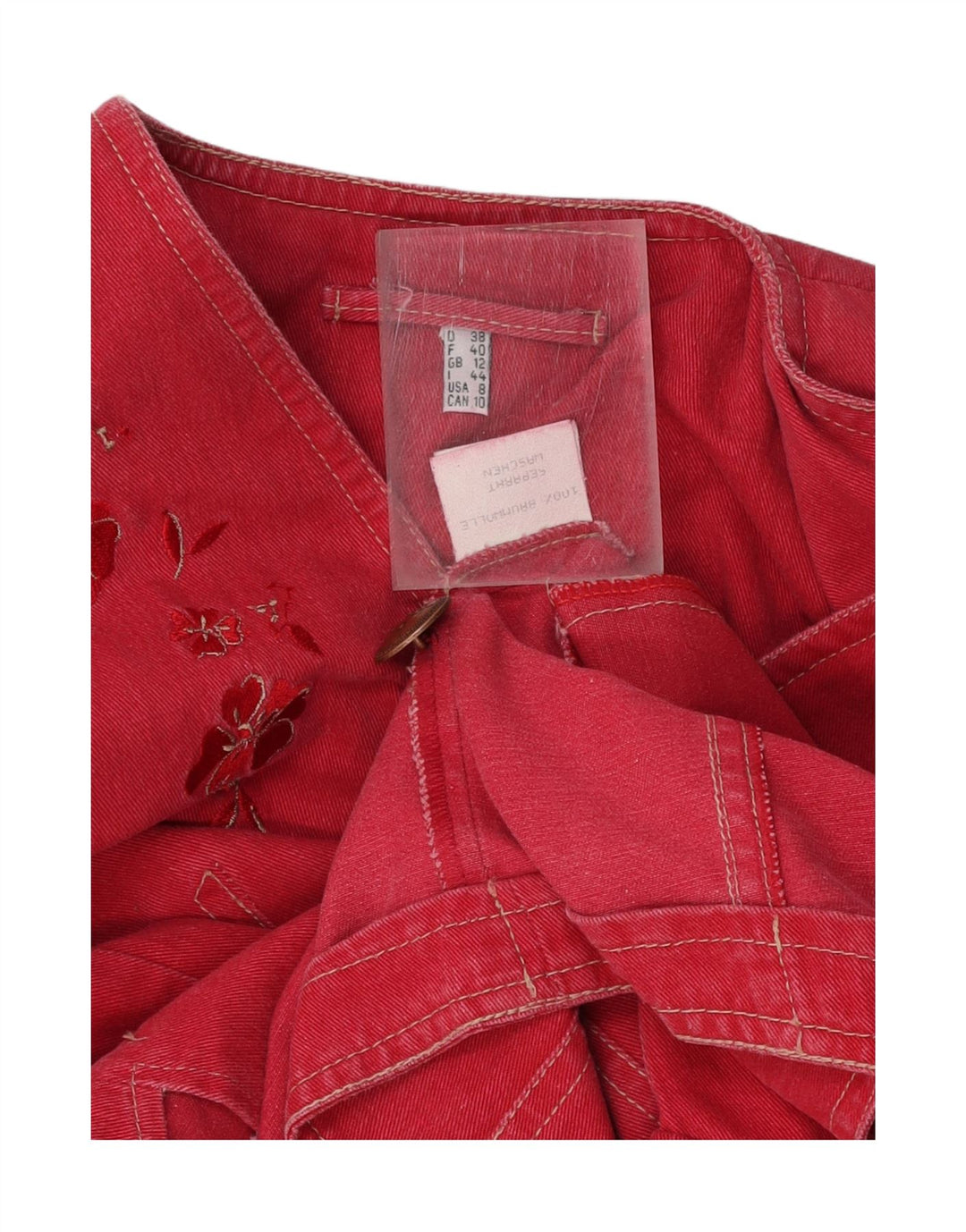 VINTAGE Womens Denim 4 Button Blazer Jacket UK 12 Medium  Red Floral Vintage Vintage and Second-Hand Vintage from Messina Hembry 