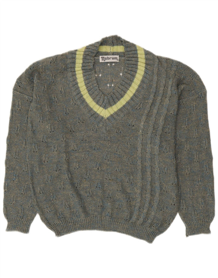 VINTAGE Pull col V femme UK 18 XL Gris