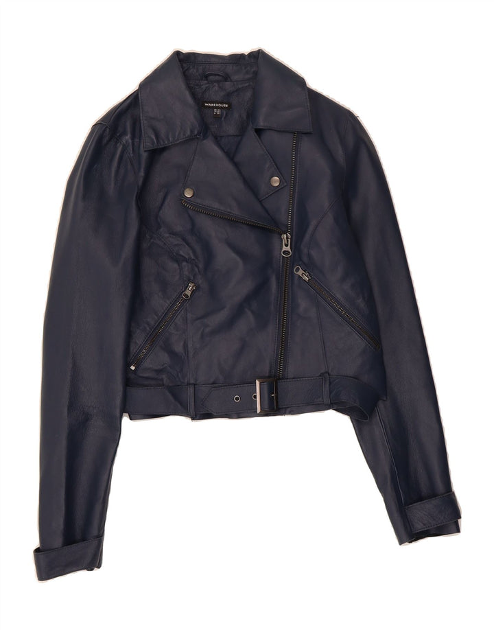 WAREHOUSE Womens Crop Leather Jacket UK 10 Small  Navy Blue Leather Vintage Warehouse and Second-Hand Warehouse from Messina Hembry 
