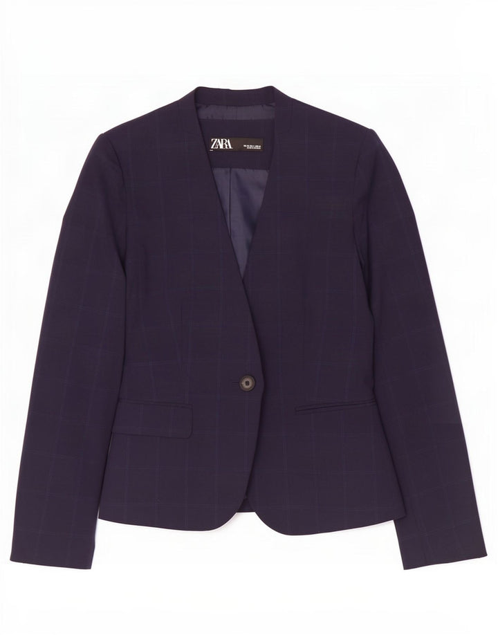 Zara Veste Blazer 1 Bouton Femme EU 38 Petit Carreau Bleu Marine