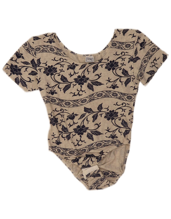 VINTAGE Womens Bodysuit US 4 Small Grey Floral Cotton