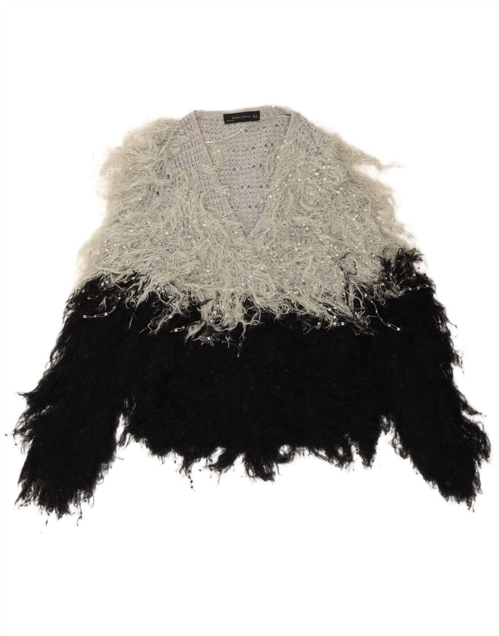Zara Pull surdimensionné à col en V pour femme UK 14 Noir moyen Colourblock