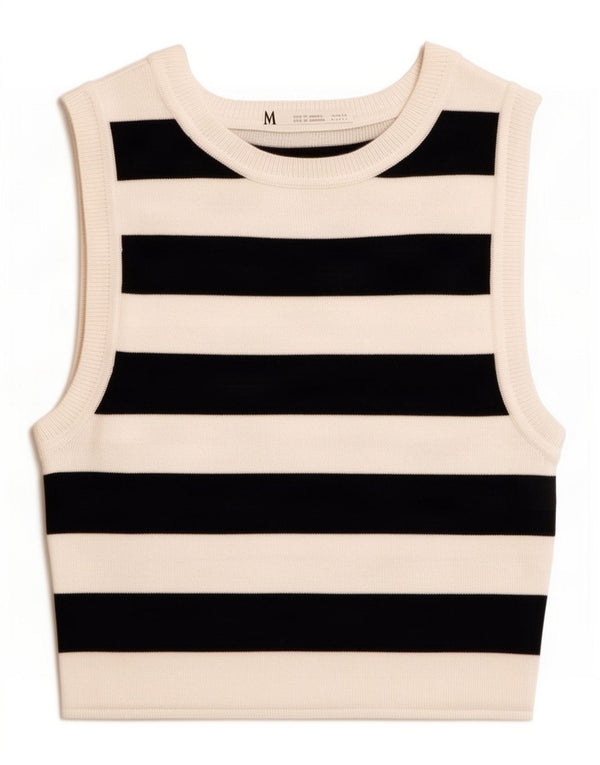 Zara Womens Crop Vest Top UK 8 Petite Viscose Rayée Blanche