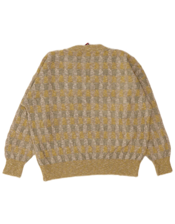 vintage Femmes V-Col Jumper Pull UK 18 XL Jaune Géométrique Lin