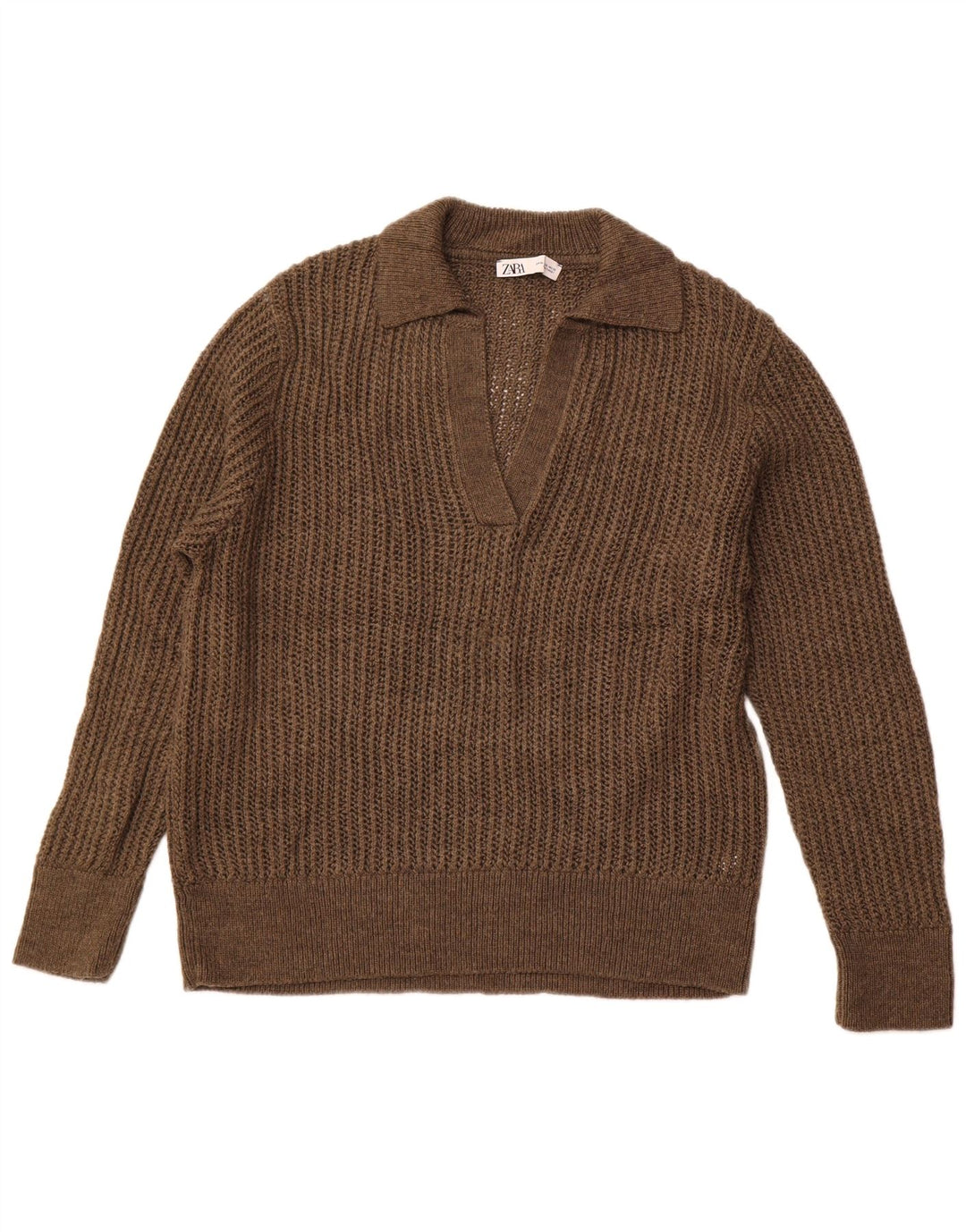 ZARA Pull à col polo pour femme UK 18 XL Acrylique marron