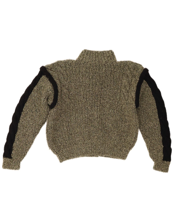 vintage Womens Crop Cardigan Sweater UK 12 Moyen Kaki Colourblock Coton
