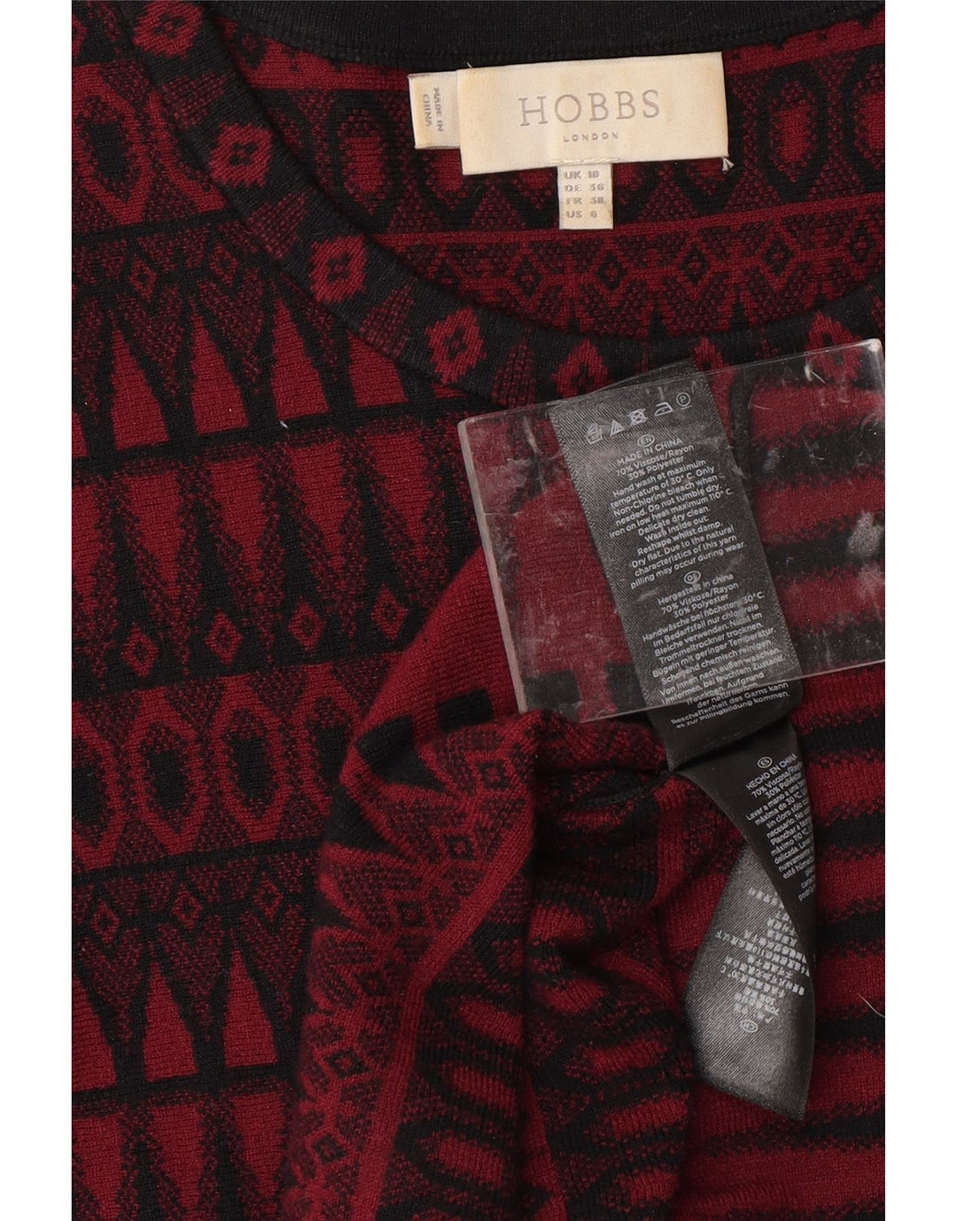 HOBBS Robe pull à manches 3/4 pour femme UK 10 Petite viscose géométrique rouge