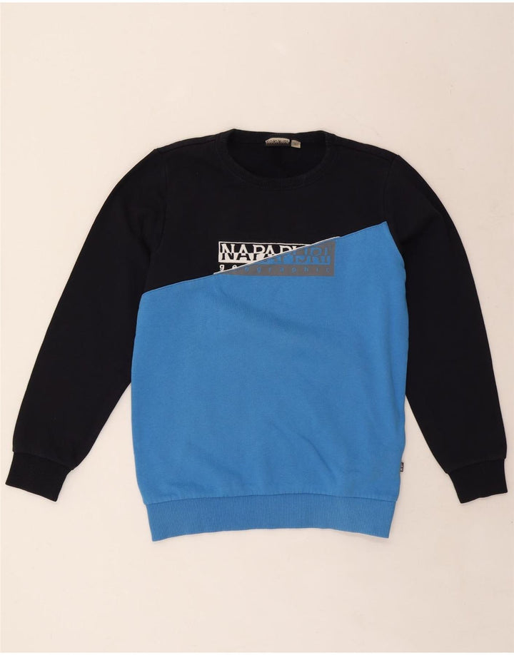NAPAPIJRI Boys Graphic Sweatshirt Jumper 13-14 Years Navy Blue Colourblock Vintage Napapijri and Second-Hand Napapijri from Messina Hembry 