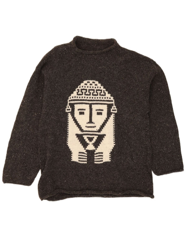 vintage Mens Graphic Turtle Neck Jumper Pull Moyen Gris Moucheté Aztèque