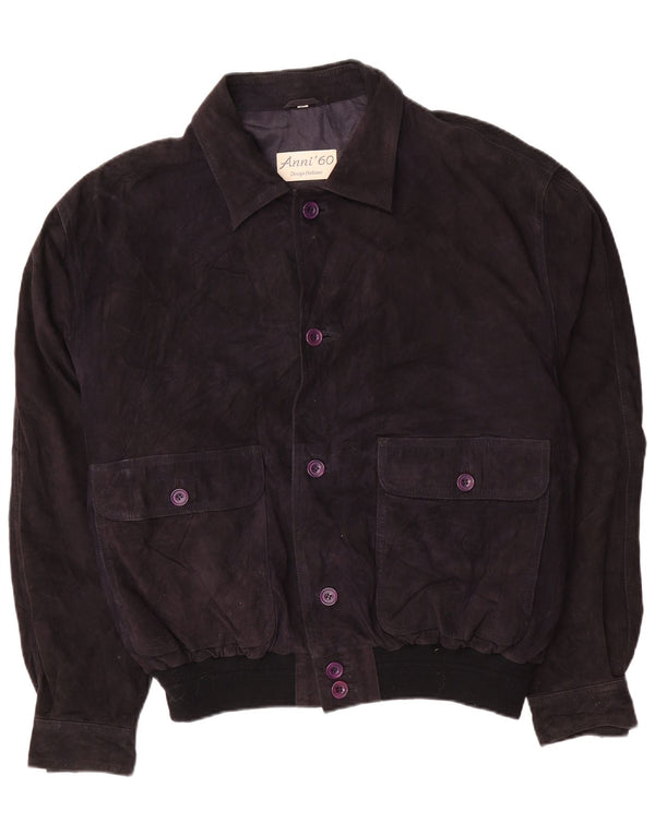 vintage Mens Suede Bomber Jacket IT 58 4XL Cuir Bleu Marine