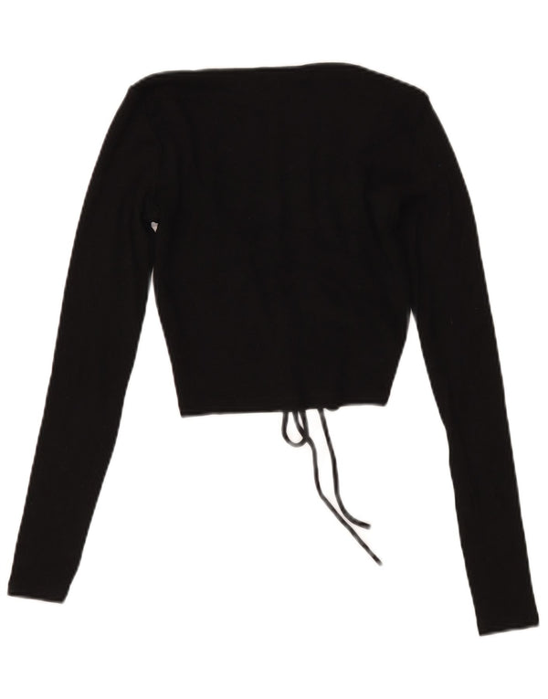 Zara Womens Crop Front Tie Top Manches Longues UK 12 Moyen Noir Coton