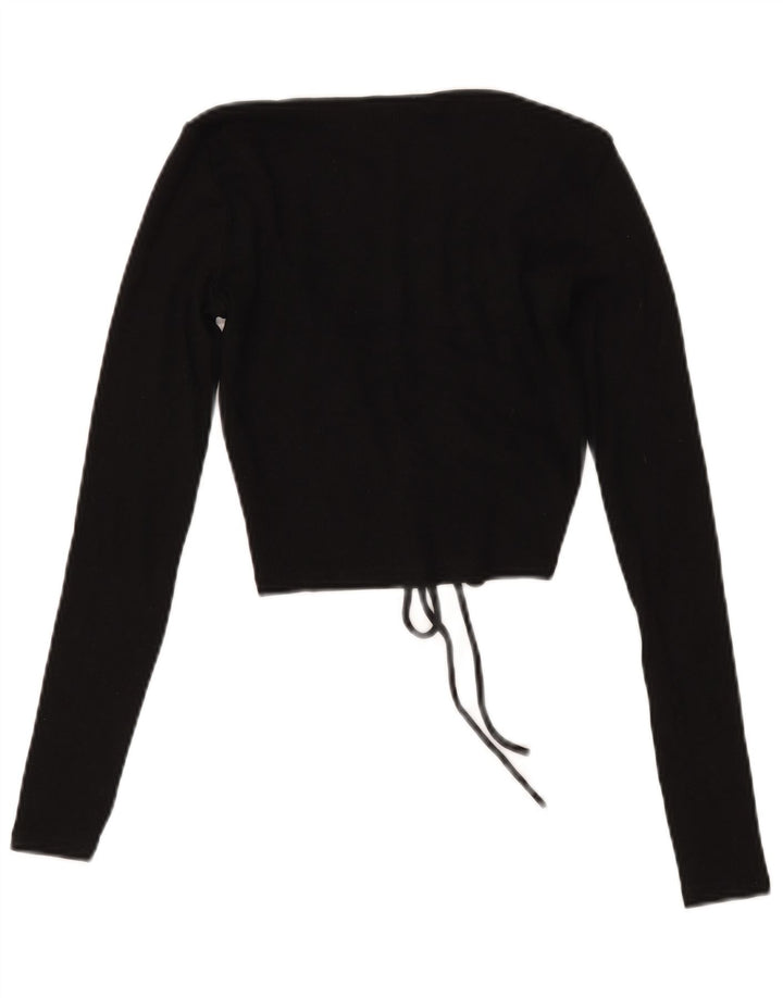 Zara Womens Crop Front Tie Top Manches Longues UK 12 Moyen Noir Coton