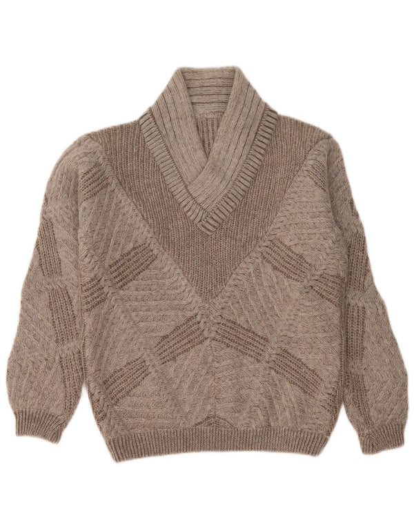 vintage Femme V-Col Jumper Pull UK 14 Moyen Gris Géométrique