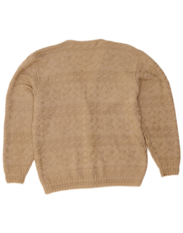 vintage Femme Cardigan Pull UK 12 Moyen Beige Géométrique Acrylique