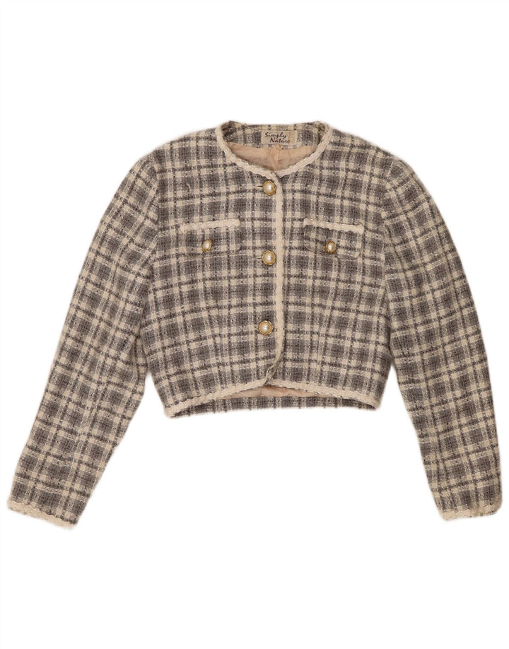 vintage Femme 3 Bouton Boléro Veste EU 36 Petit Gris Check Acrylique