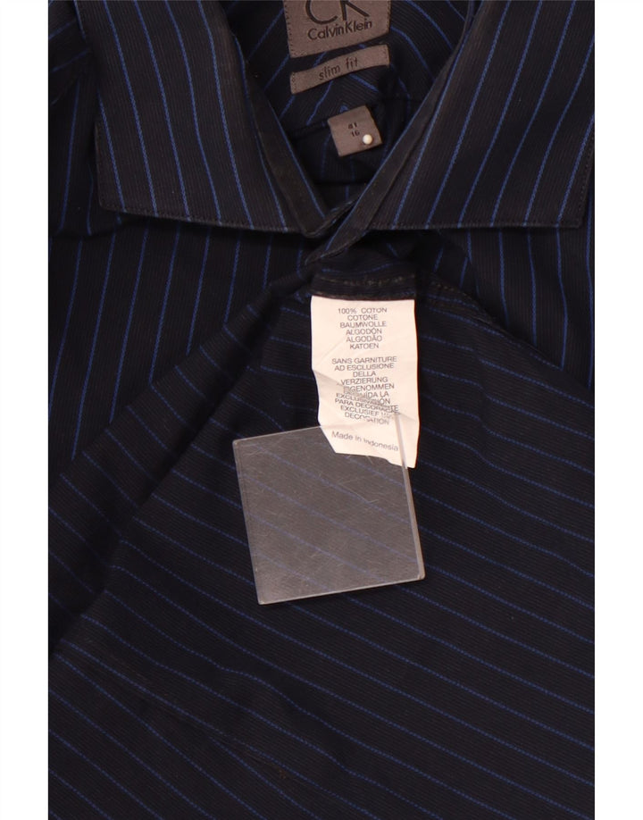 CALVIN KLEIN Chemise Slim Fit Homme Taille 16 41 Grand Coton Rayé Bleu Marine