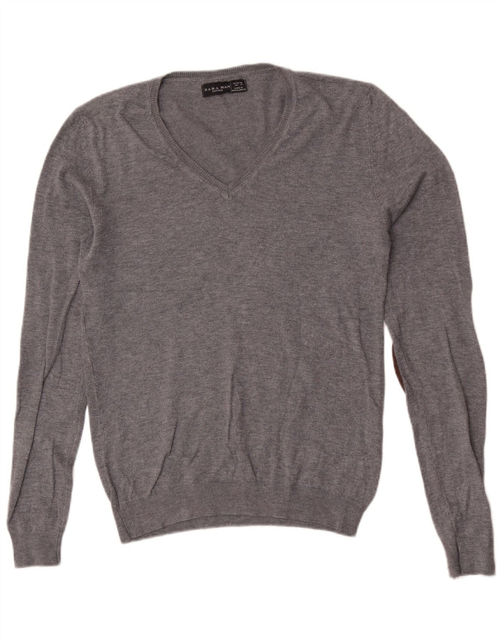 Zara Pull Col V Homme Gris Moyen Viscose