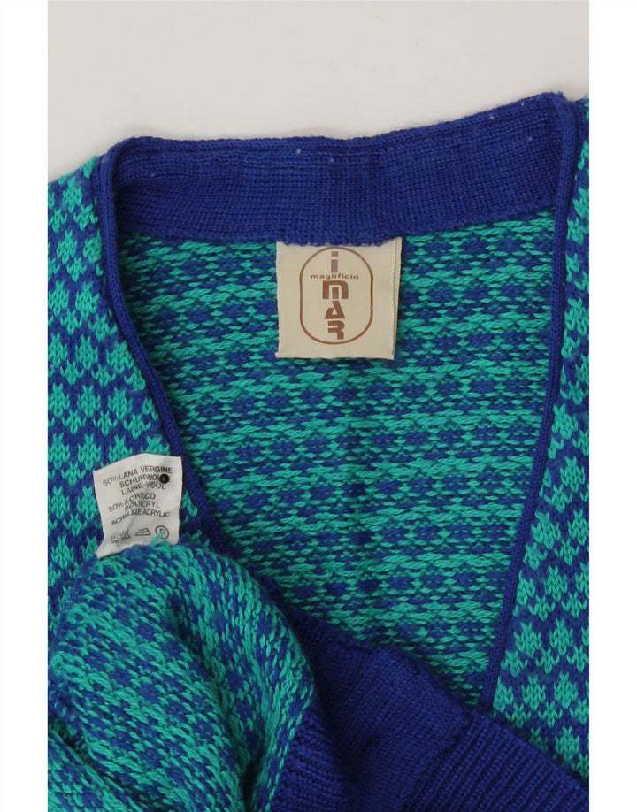 vintage Womens Cardigan Sweater UK 14 Laine pied-de-poule bleu moyen