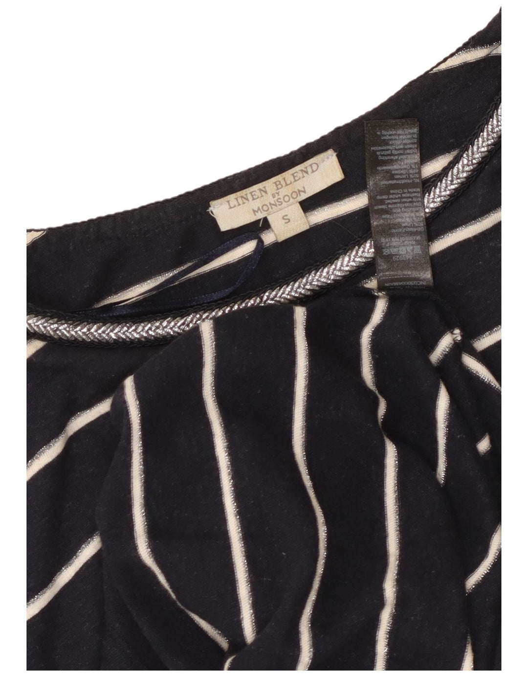 MONSOON Robe T-Shirt Femme UK 10 Petit Lin Rayé Bleu Marine