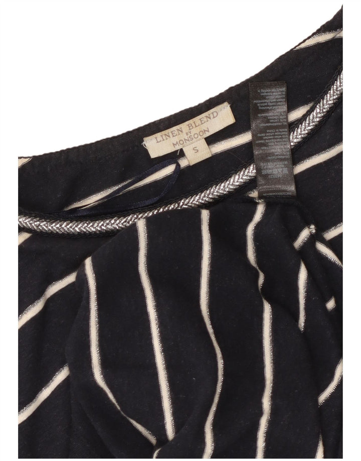 MONSOON Robe T-Shirt Femme UK 10 Petit Lin Rayé Bleu Marine