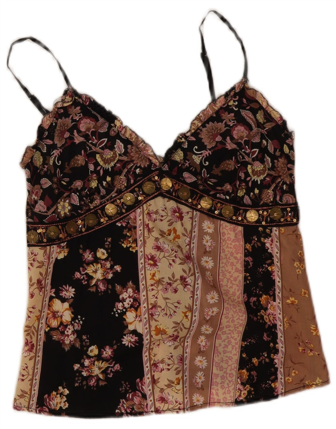 vintage Femmes Crop Cami Top UK 8 Petit Noir Floral