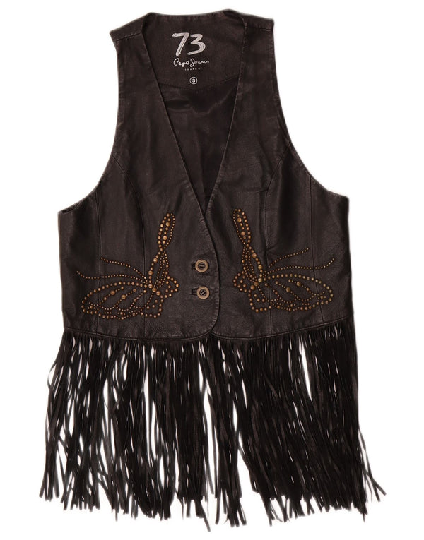 PEPE JEANS Gilet en cuir pour femme UK 10 Petit cowboy en cuir noir