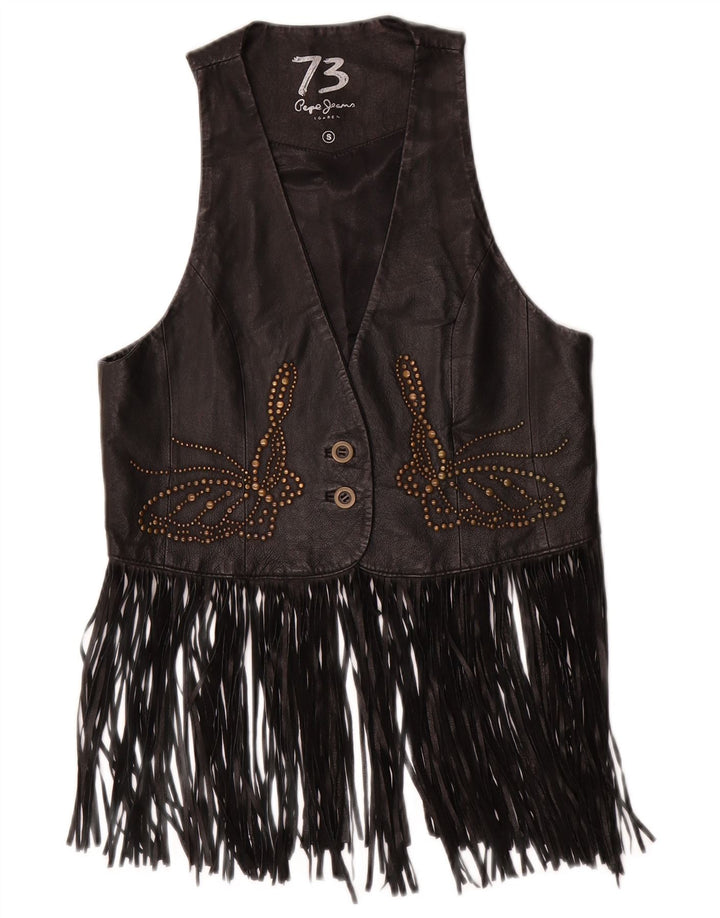 PEPE JEANS Gilet en cuir pour femme UK 10 Petit cowboy en cuir noir