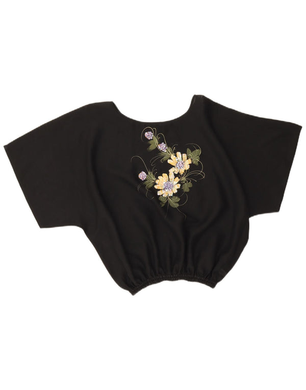 vintage Womens Crop Blouse Top UK 16 Grand Polyester Floral Noir