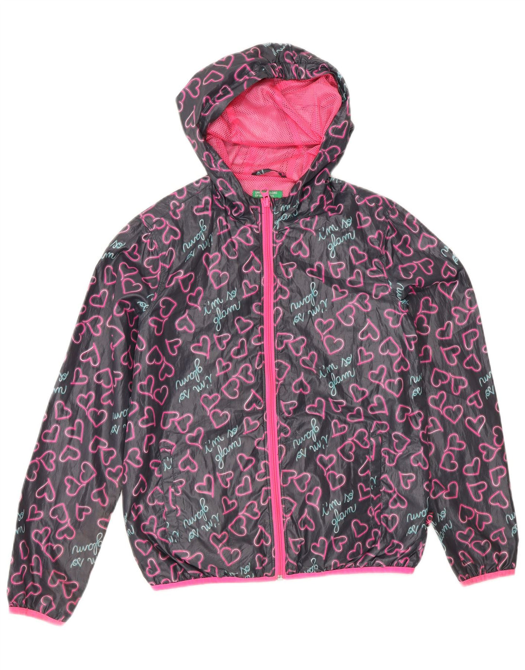 BENETTON Veste de pluie à capuche graphique pour fille 11-12 ans 2XL Gris Coeur