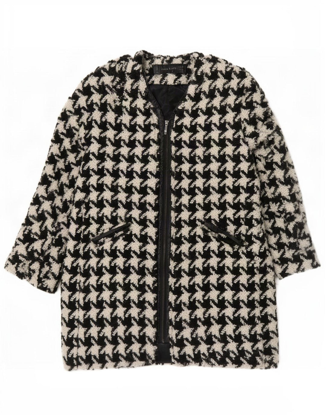 Zara Femme Pardessus UK 16 Grande Laine Pied-de-Poule Noir